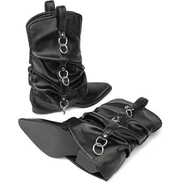 Women Retro Black Rubber Chunky Heels Mid Calf Western Boots Vintage Retro - Picture 8 of 8